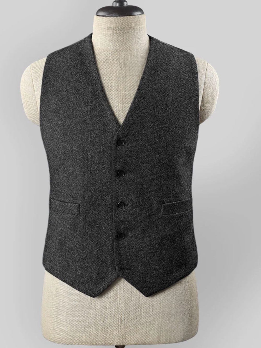 Charcoal Herringbone Tweed Waistcoat